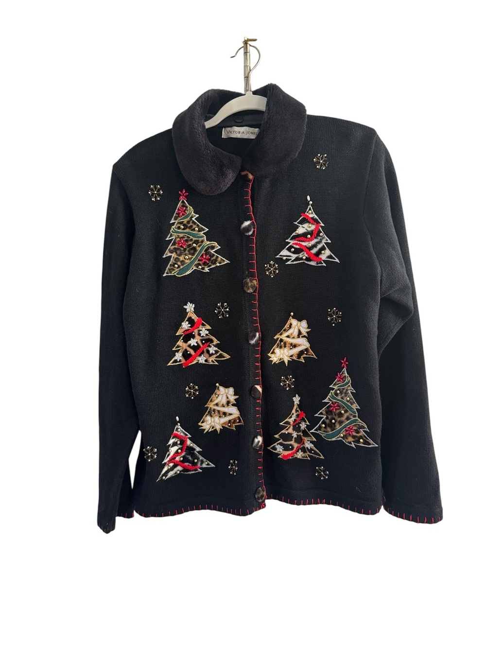 Vintage Black Holiday Embroidered Christmas Tree Sweater Faux Fur size Large